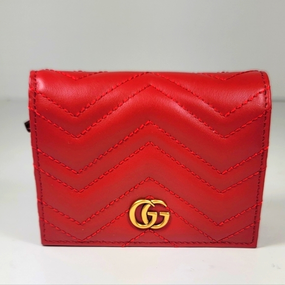 Gucci Handbags - Gucci Red Matelassé Leather GG Marmont Flap Card Case
